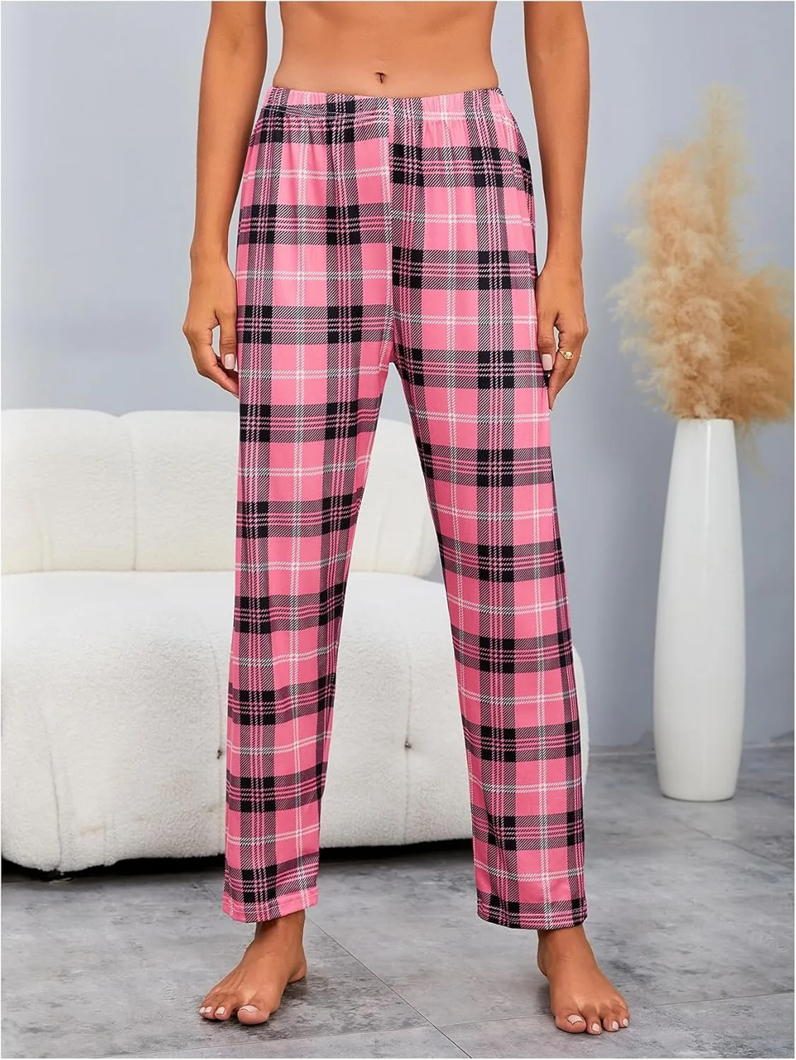 MakeMeChic Women's 3 Pack Pajama Pants Plaid Elastic Waist Sleep Pants Comfy Loungewear XS-5XL