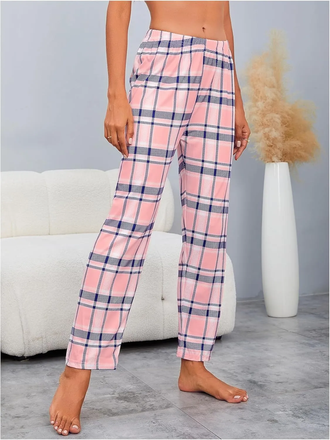 MakeMeChic Women's 3 Pack Pajama Pants Plaid Elastic Waist Sleep Pants Comfy Loungewear XS-5XL