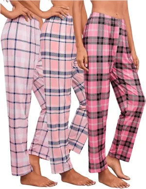 MakeMeChic Women's 3 Pack Pajama Pants Plaid Elastic Waist Sleep Pants Comfy Loungewear XS-5XL