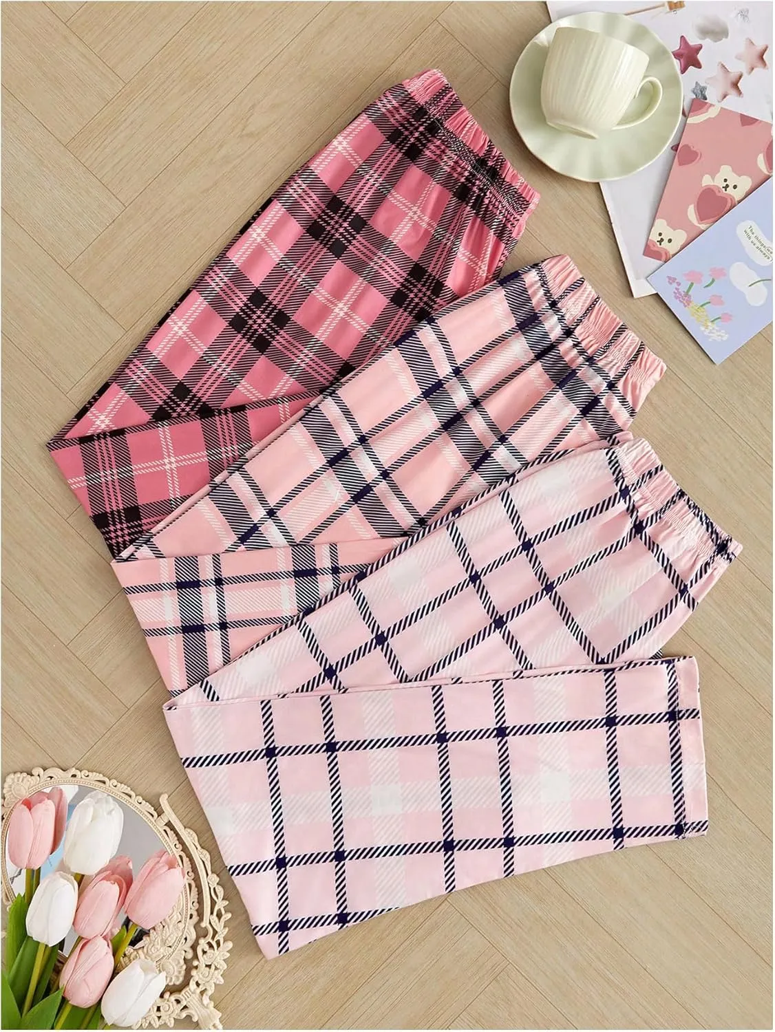 MakeMeChic Women's 3 Pack Pajama Pants Plaid Elastic Waist Sleep Pants Comfy Loungewear XS-5XL