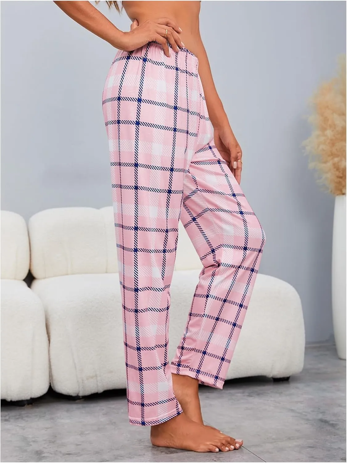 MakeMeChic Women's 3 Pack Pajama Pants Plaid Elastic Waist Sleep Pants Comfy Loungewear XS-5XL