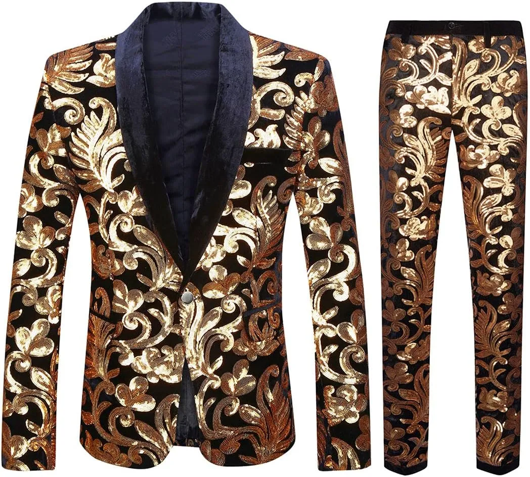 Men Fashionable Floral Pattern Sequins Two Pieces Set Suits