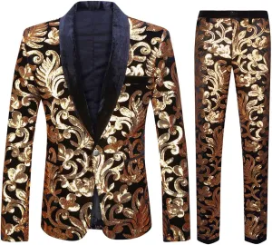 Men Fashionable Floral Pattern Sequins Two Pieces Set Suits