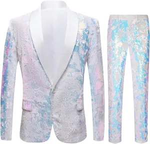 Men Fashionable Floral Pattern Sequins Two Pieces Set Suits