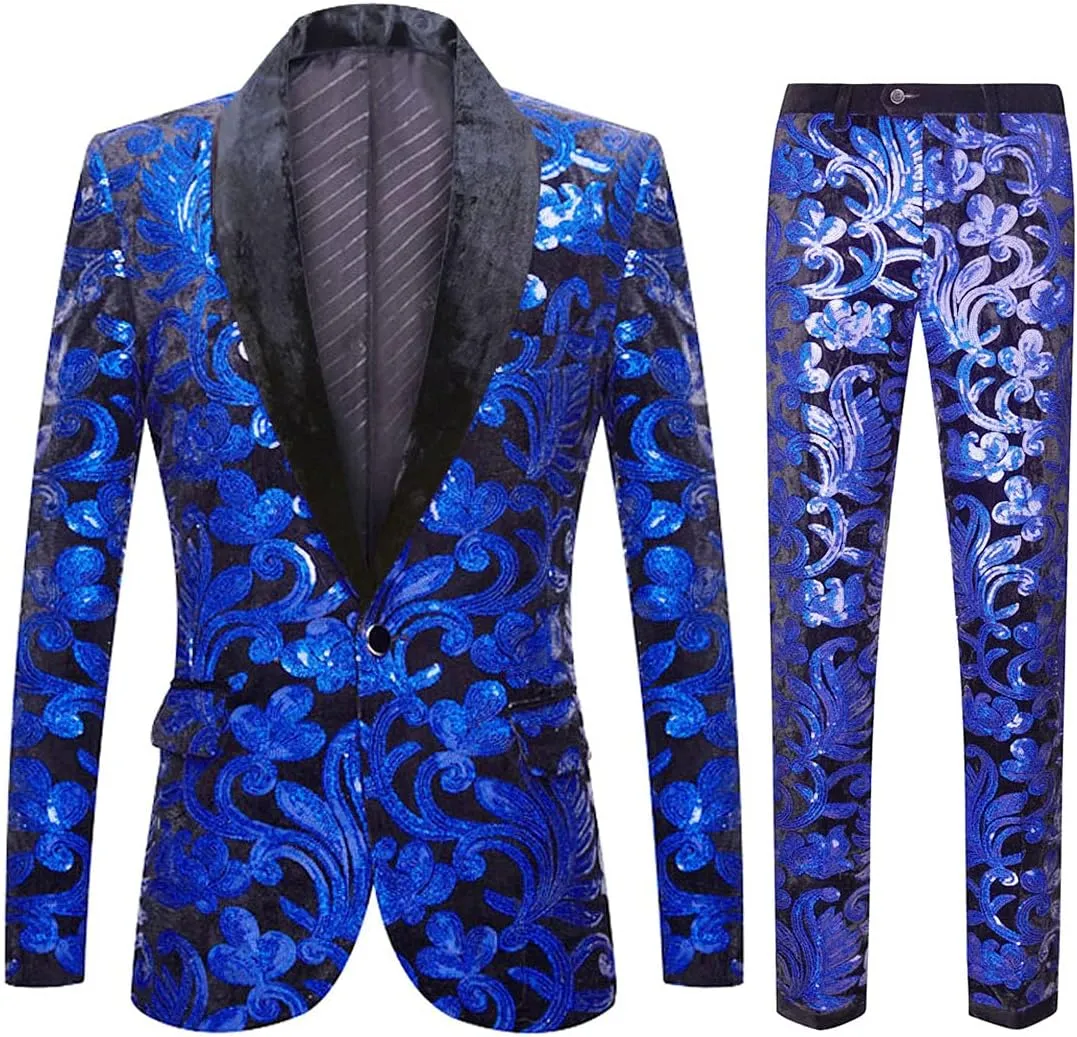 Men Fashionable Floral Pattern Sequins Two Pieces Set Suits