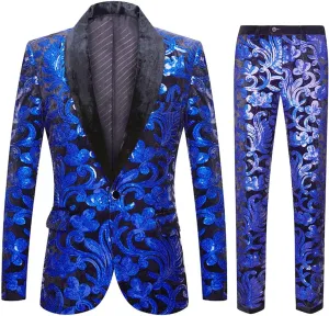 Men Fashionable Floral Pattern Sequins Two Pieces Set Suits