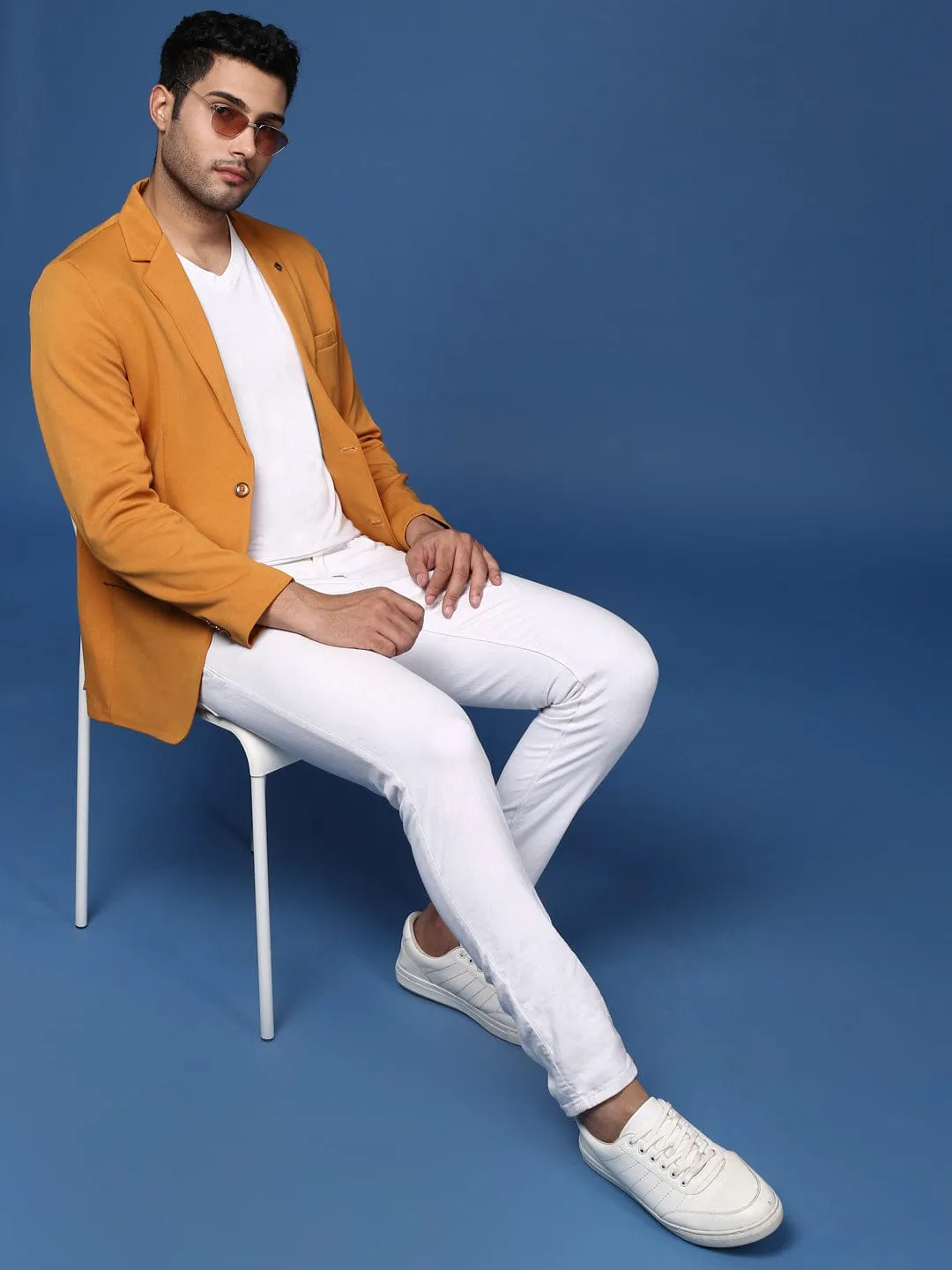 Men Mustard Notched Lapel Slim Fit Single Breasted Blazer