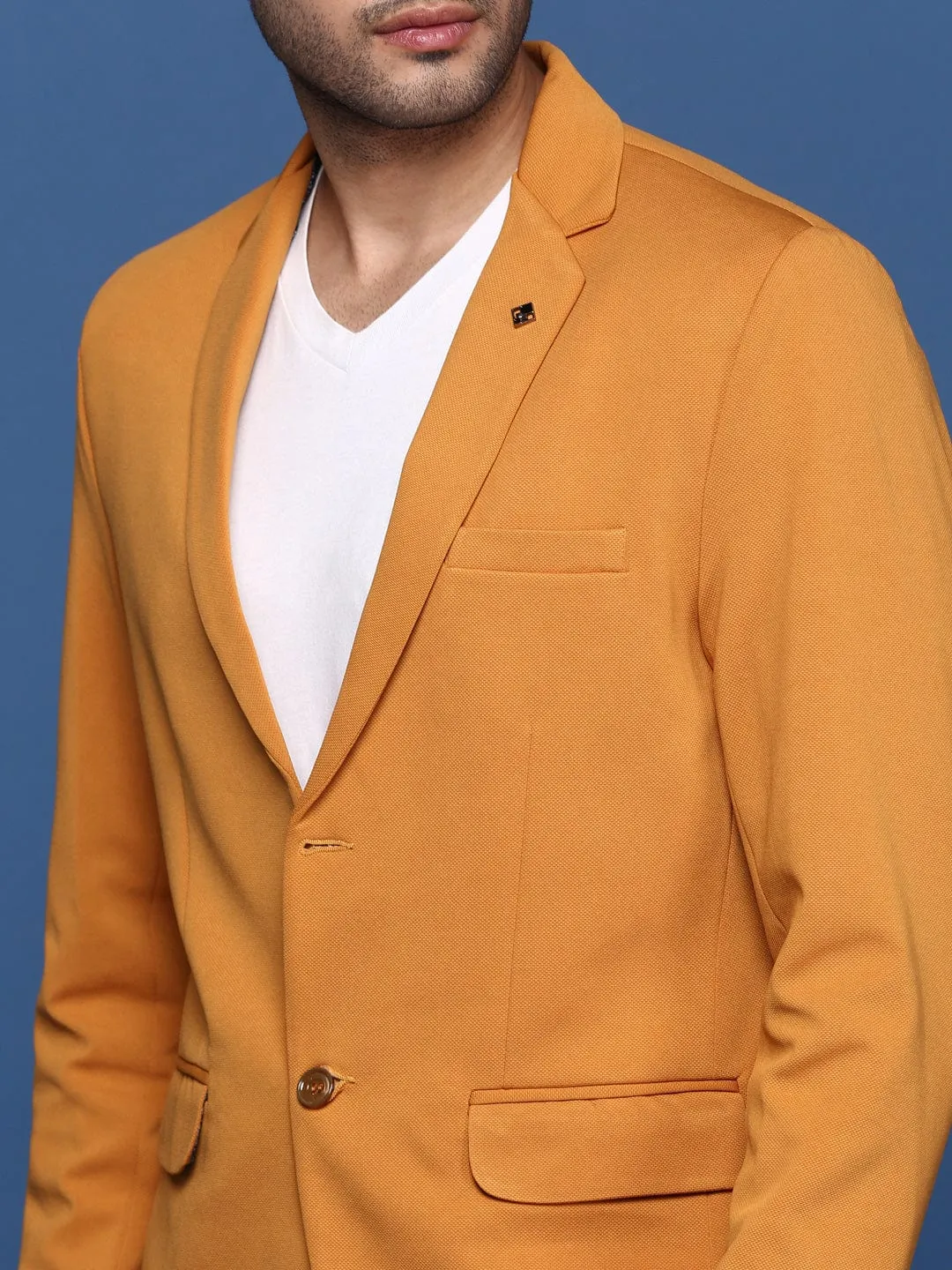 Men Mustard Notched Lapel Slim Fit Single Breasted Blazer