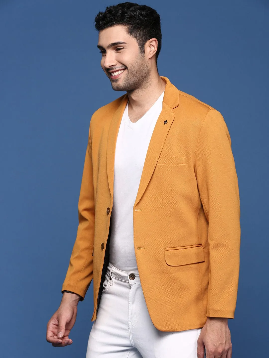 Men Mustard Notched Lapel Slim Fit Single Breasted Blazer
