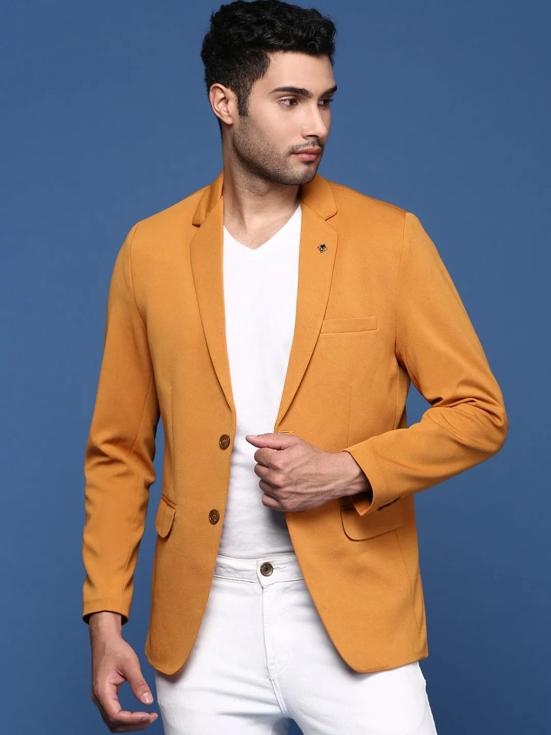 Men Mustard Notched Lapel Slim Fit Single Breasted Blazer
