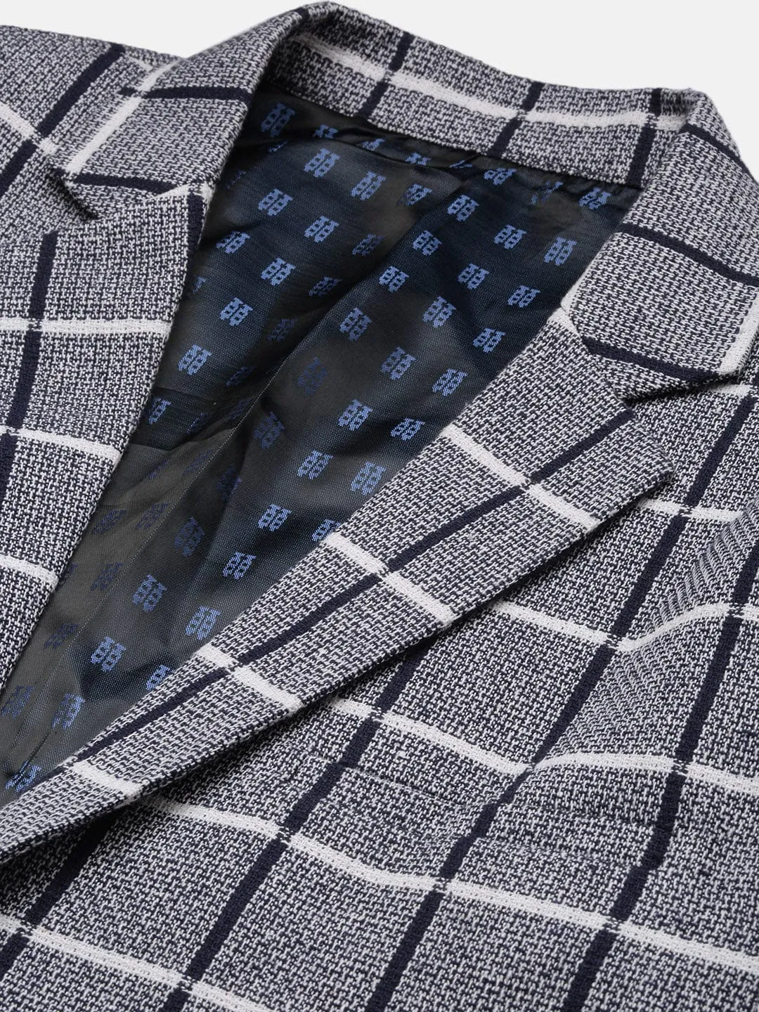 Men Navy Blue Checked Notched Lapel Slim-Fit Single Breasted Blazers