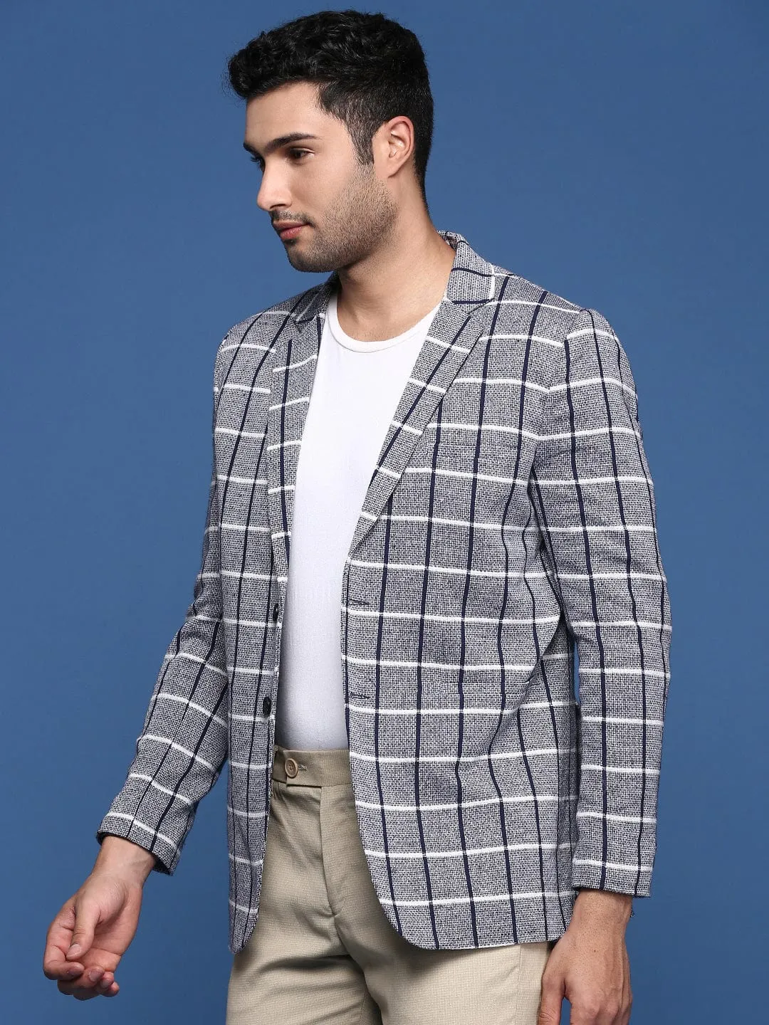 Men Navy Blue Checked Notched Lapel Slim-Fit Single Breasted Blazers