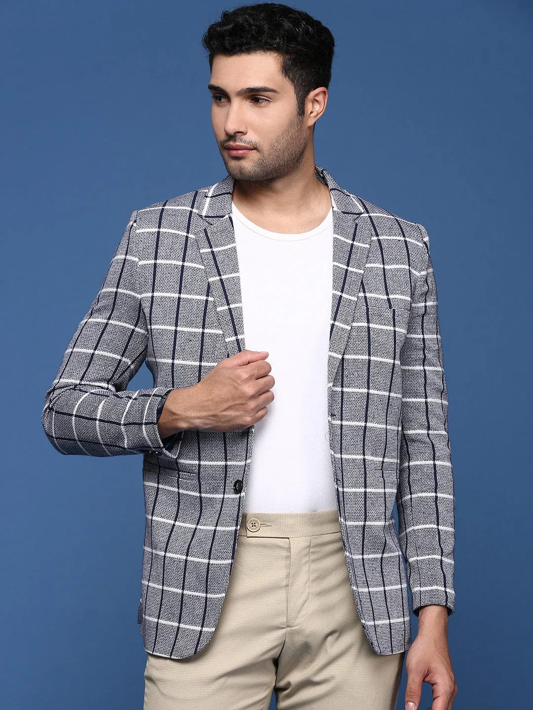 Men Navy Blue Checked Notched Lapel Slim-Fit Single Breasted Blazers