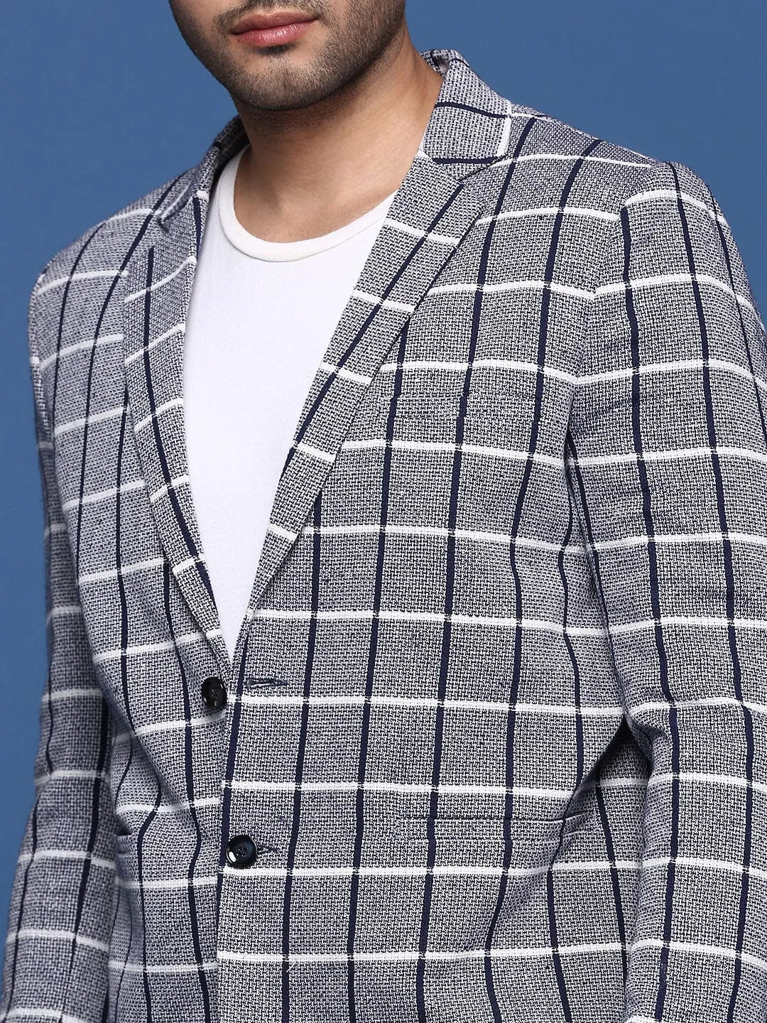 Men Navy Blue Checked Notched Lapel Slim-Fit Single Breasted Blazers