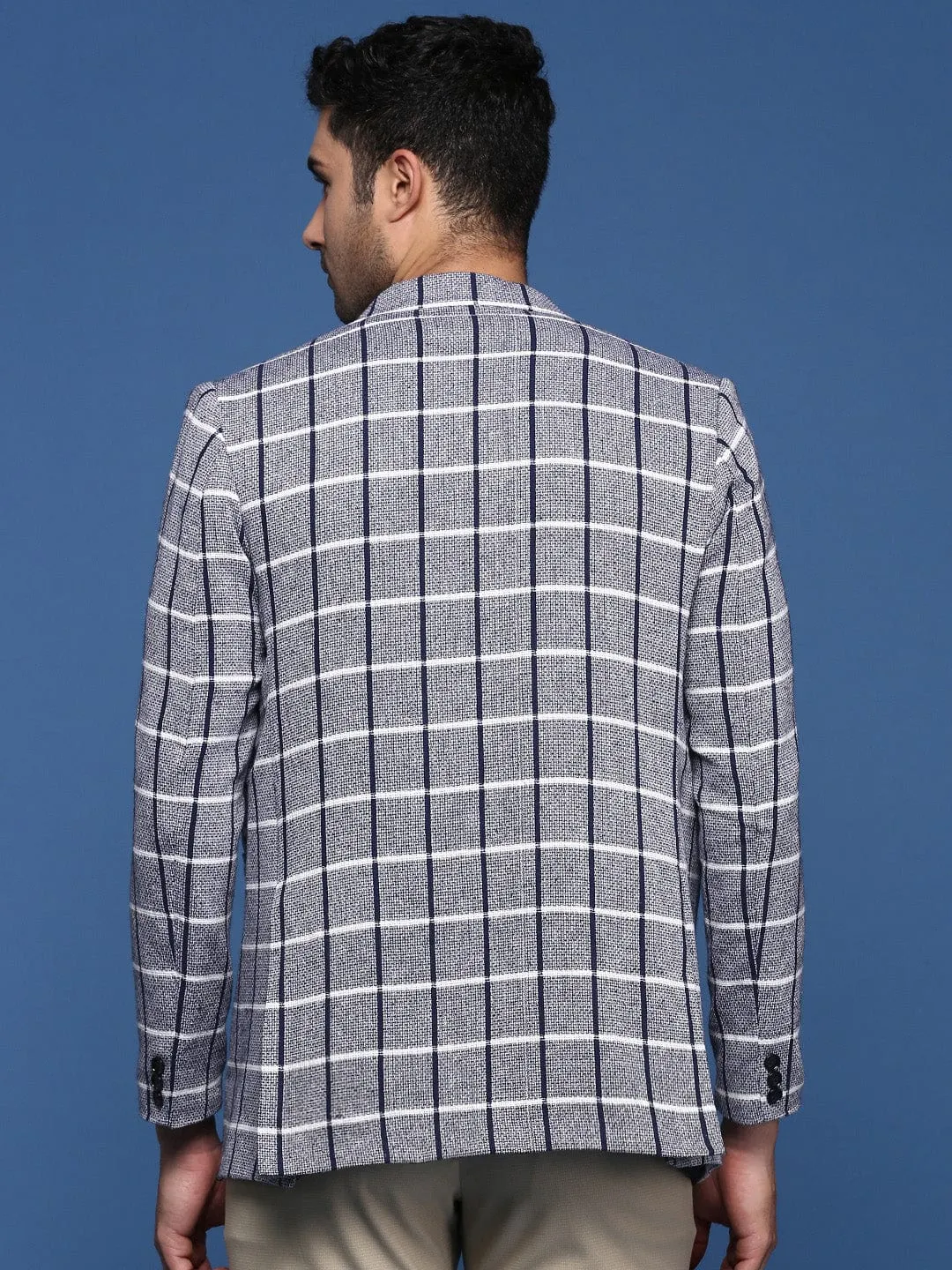 Men Navy Blue Checked Notched Lapel Slim-Fit Single Breasted Blazers
