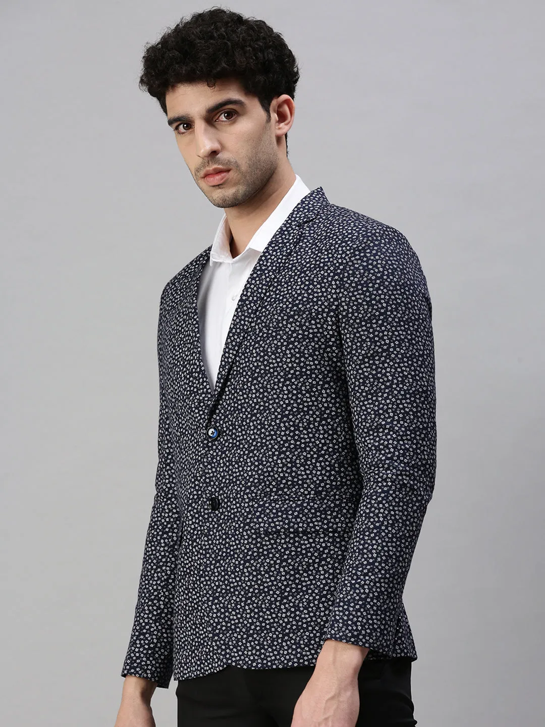 Men Navy Blue Micro Ditsy Printed Single-Breasted Cotton Casual Blazers