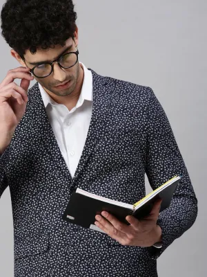 Men Navy Blue Micro Ditsy Printed Single-Breasted Cotton Casual Blazers