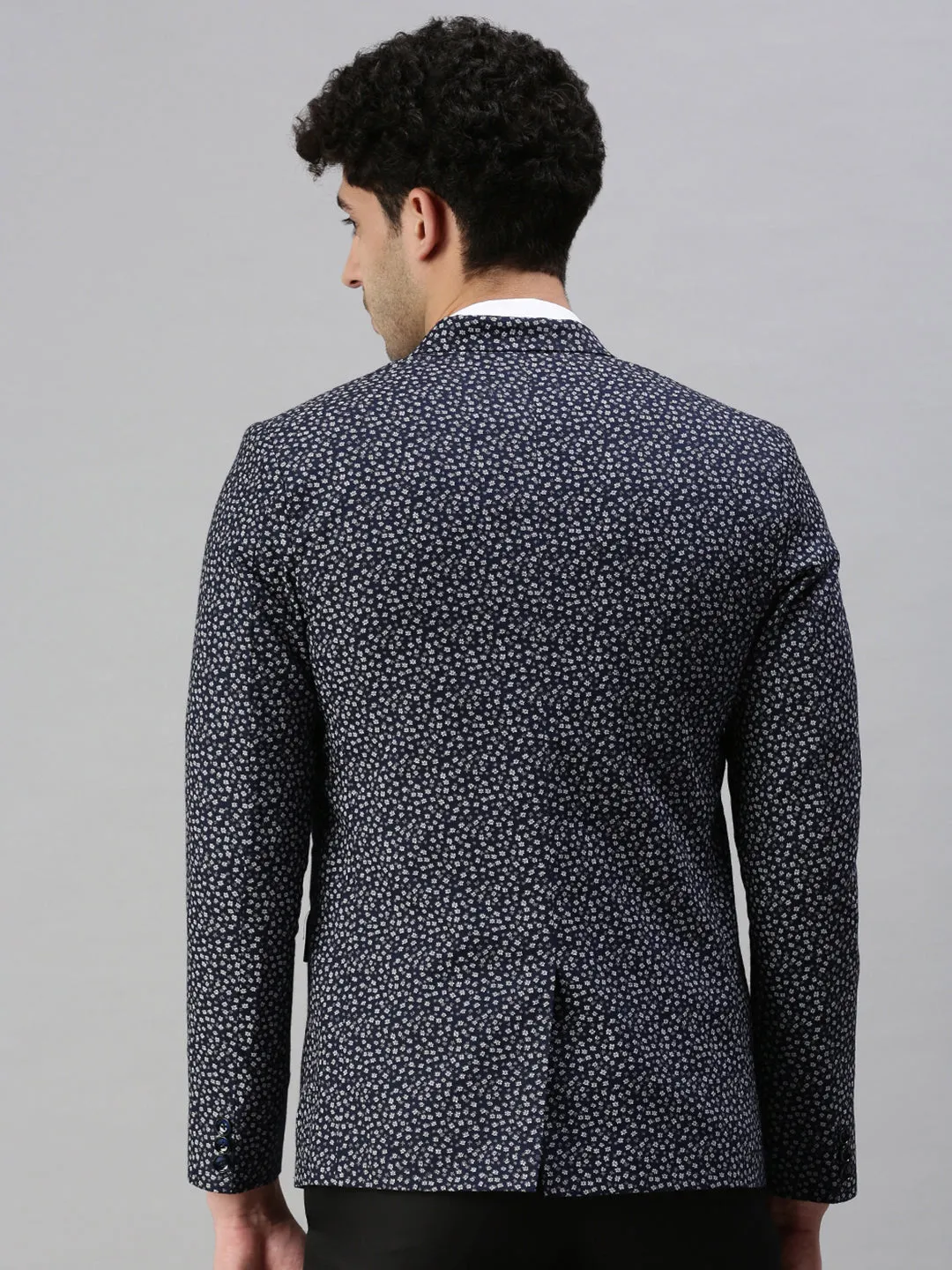 Men Navy Blue Micro Ditsy Printed Single-Breasted Cotton Casual Blazers