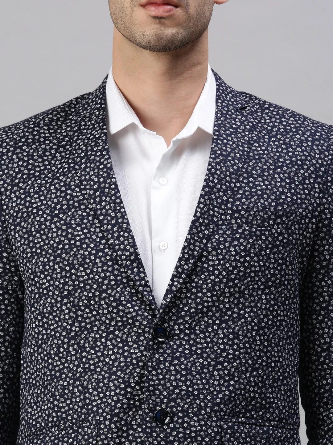 Men Navy Blue Micro Ditsy Printed Single-Breasted Cotton Casual Blazers
