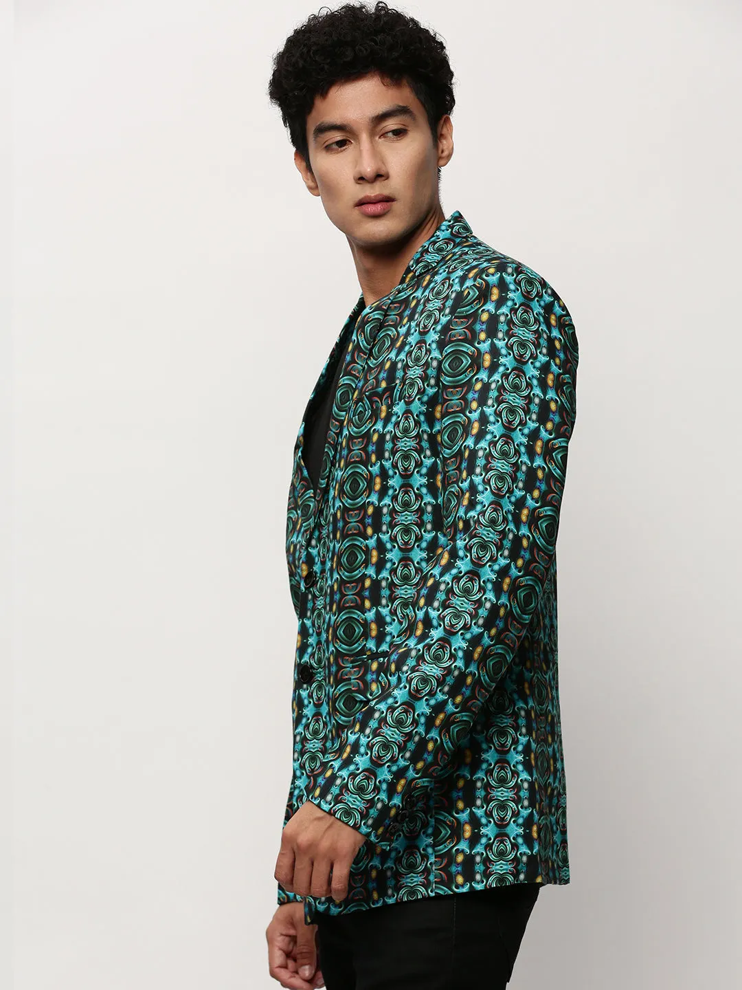 Men Turquoise Blue Printed Slim-Fit Cotton Single Breasted Blazer