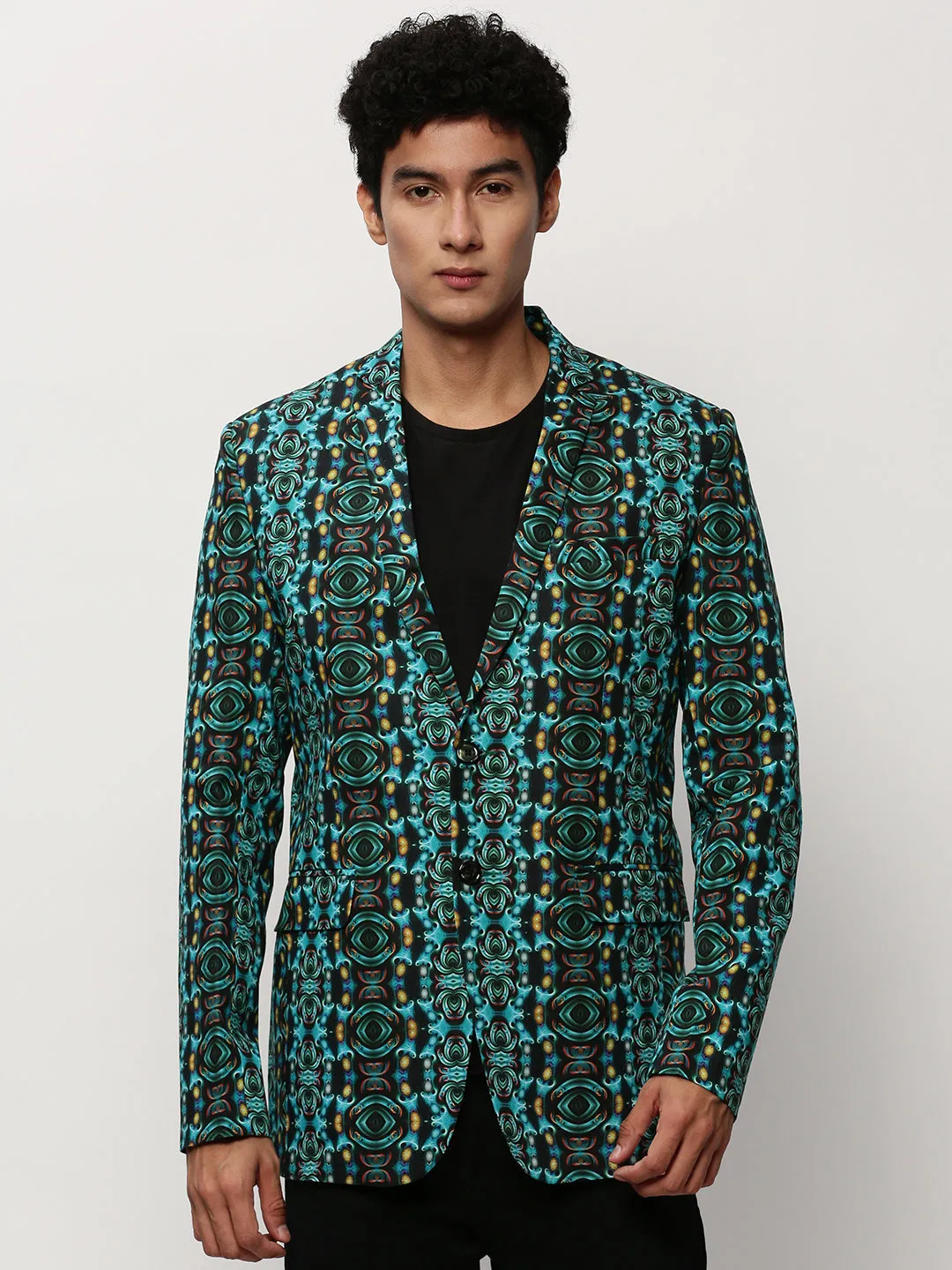 Men Turquoise Blue Printed Slim-Fit Cotton Single Breasted Blazer