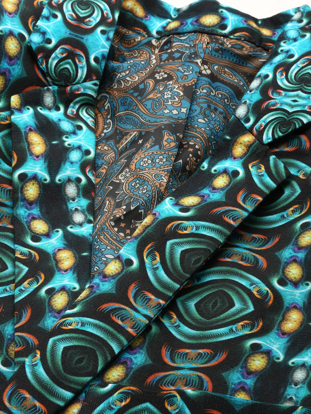 Men Turquoise Blue Printed Slim-Fit Cotton Single Breasted Blazer