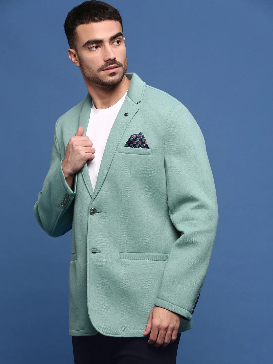 Men Turquoise Blue Slim Fit Single Breasted Notched Lapel Cotton Blazers