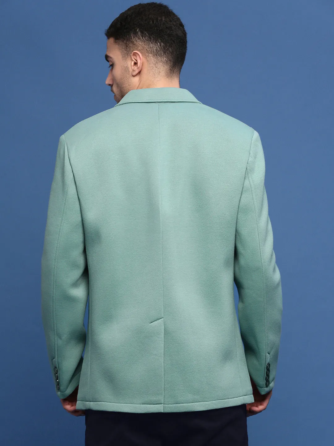 Men Turquoise Blue Slim Fit Single Breasted Notched Lapel Cotton Blazers