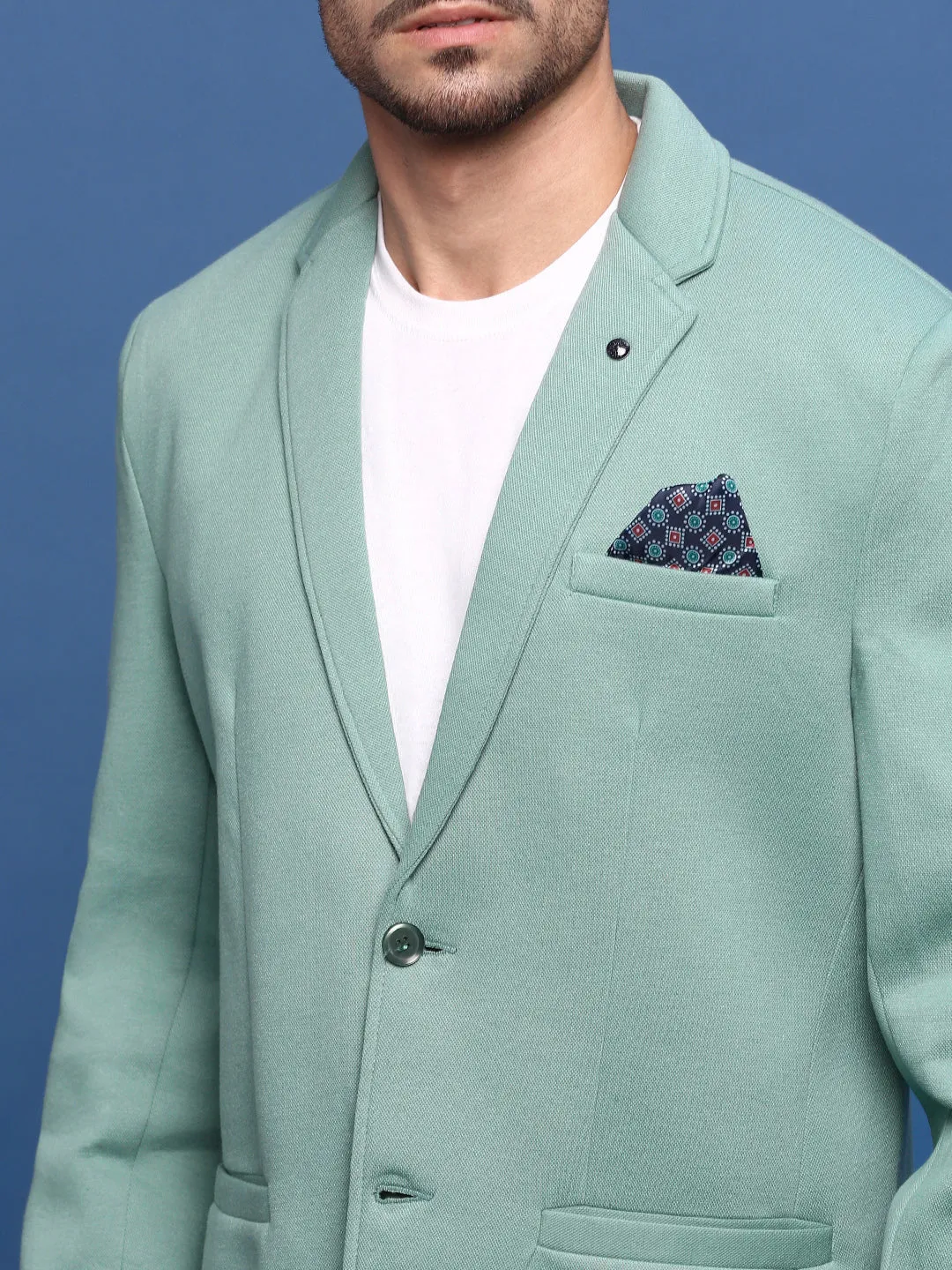 Men Turquoise Blue Slim Fit Single Breasted Notched Lapel Cotton Blazers