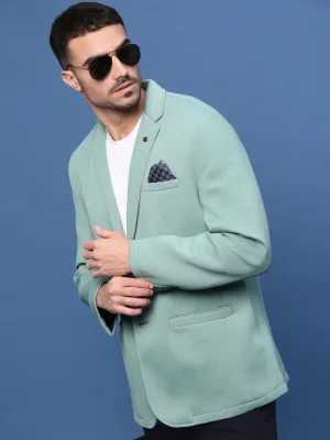 Men Turquoise Blue Slim Fit Single Breasted Notched Lapel Cotton Blazers