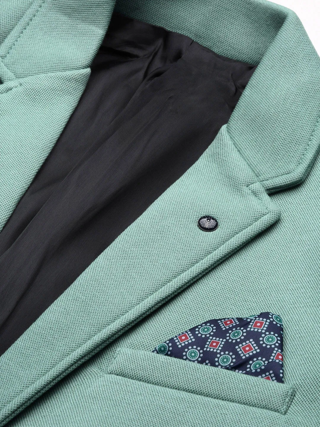 Men Turquoise Blue Slim Fit Single Breasted Notched Lapel Cotton Blazers