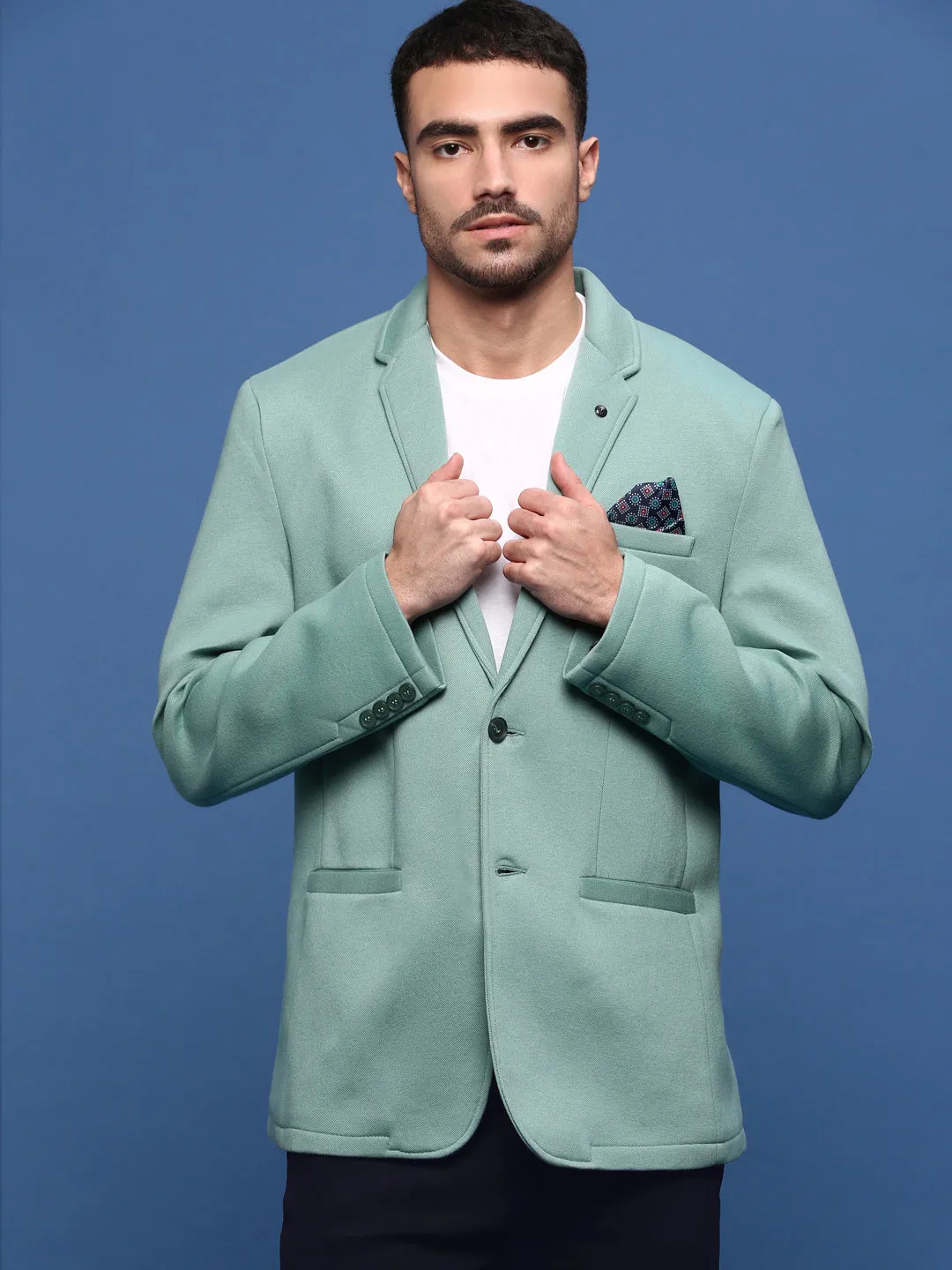 Men Turquoise Blue Slim Fit Single Breasted Notched Lapel Cotton Blazers