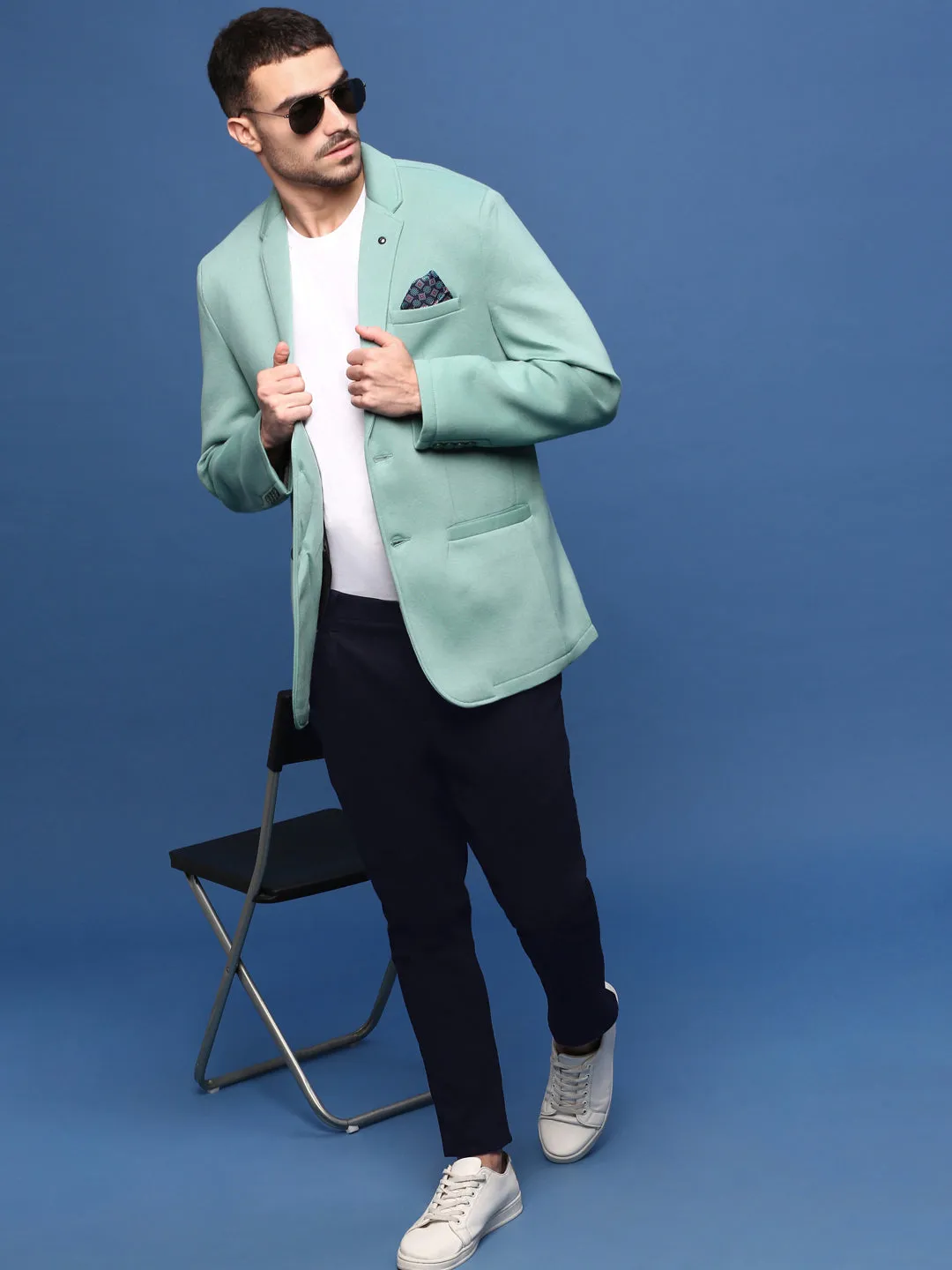 Men Turquoise Blue Slim Fit Single Breasted Notched Lapel Cotton Blazers