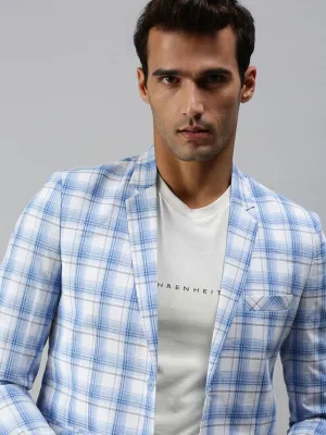 Men White Checked Slim-Fit Single-Breasted Cotton Blend Casual Blazers