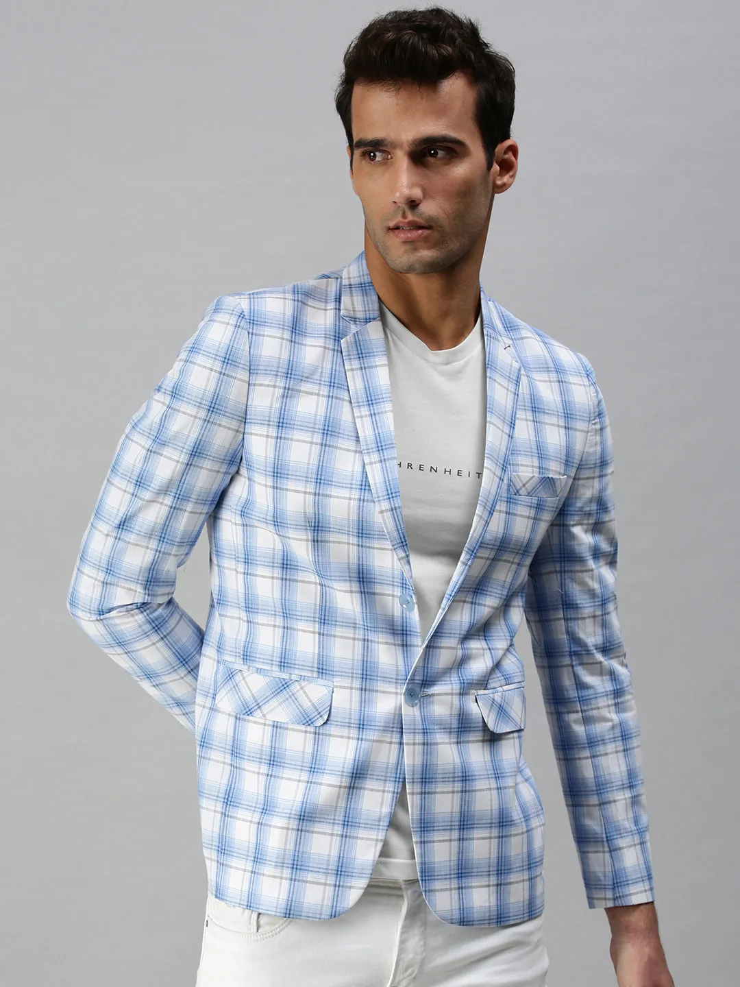 Men White Checked Slim-Fit Single-Breasted Cotton Blend Casual Blazers