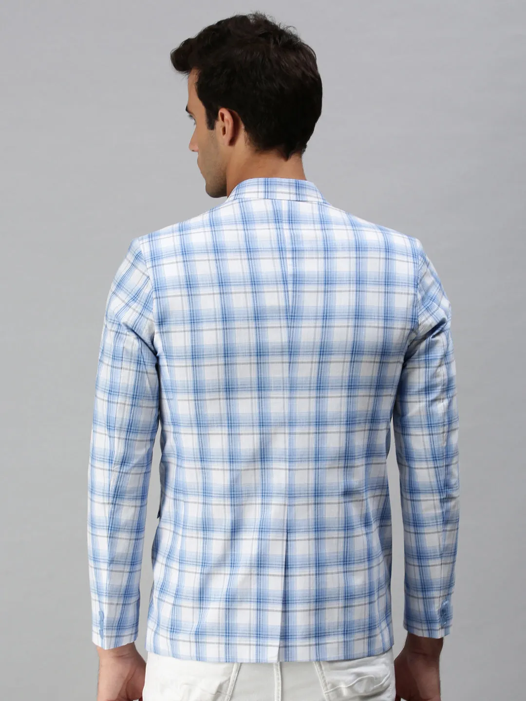 Men White Checked Slim-Fit Single-Breasted Cotton Blend Casual Blazers