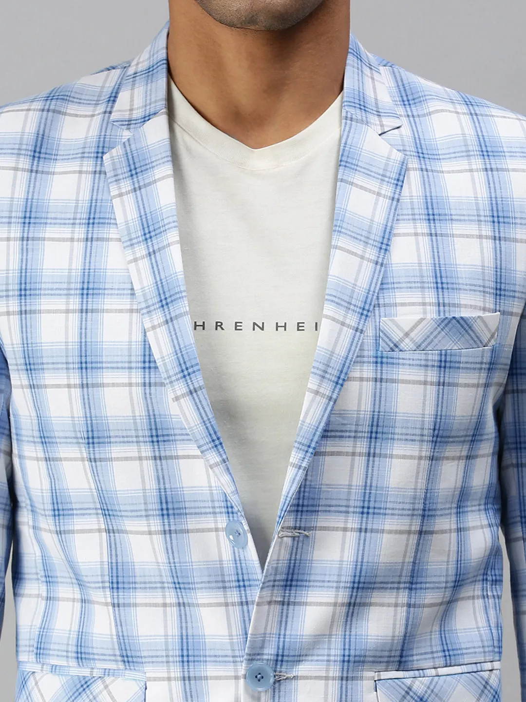 Men White Checked Slim-Fit Single-Breasted Cotton Blend Casual Blazers