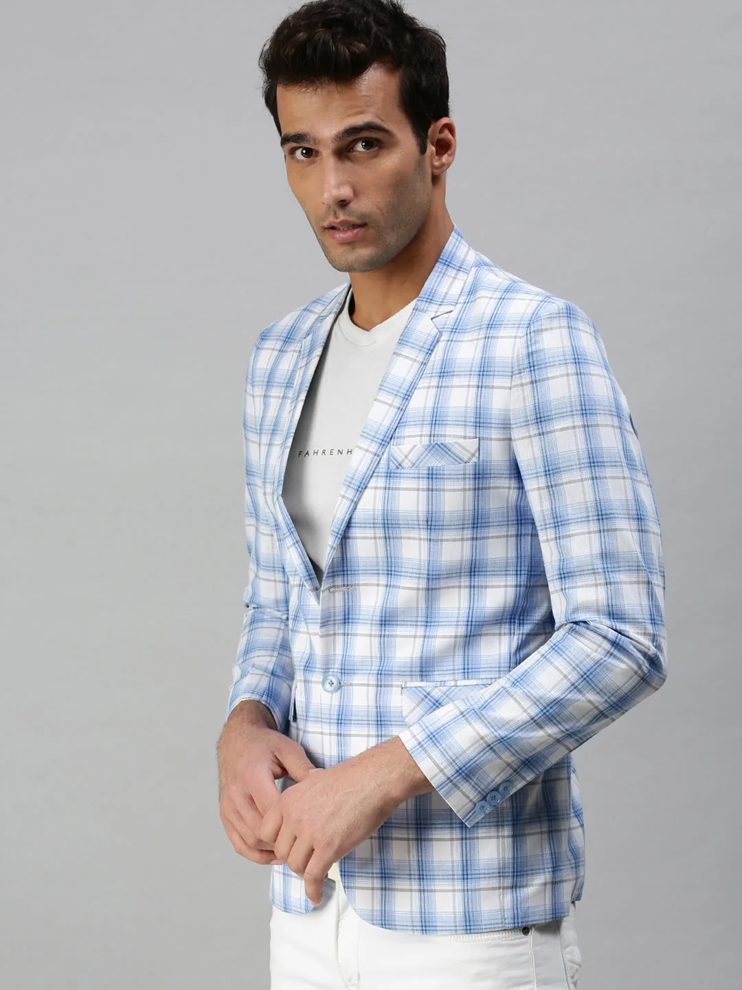 Men White Checked Slim-Fit Single-Breasted Cotton Blend Casual Blazers