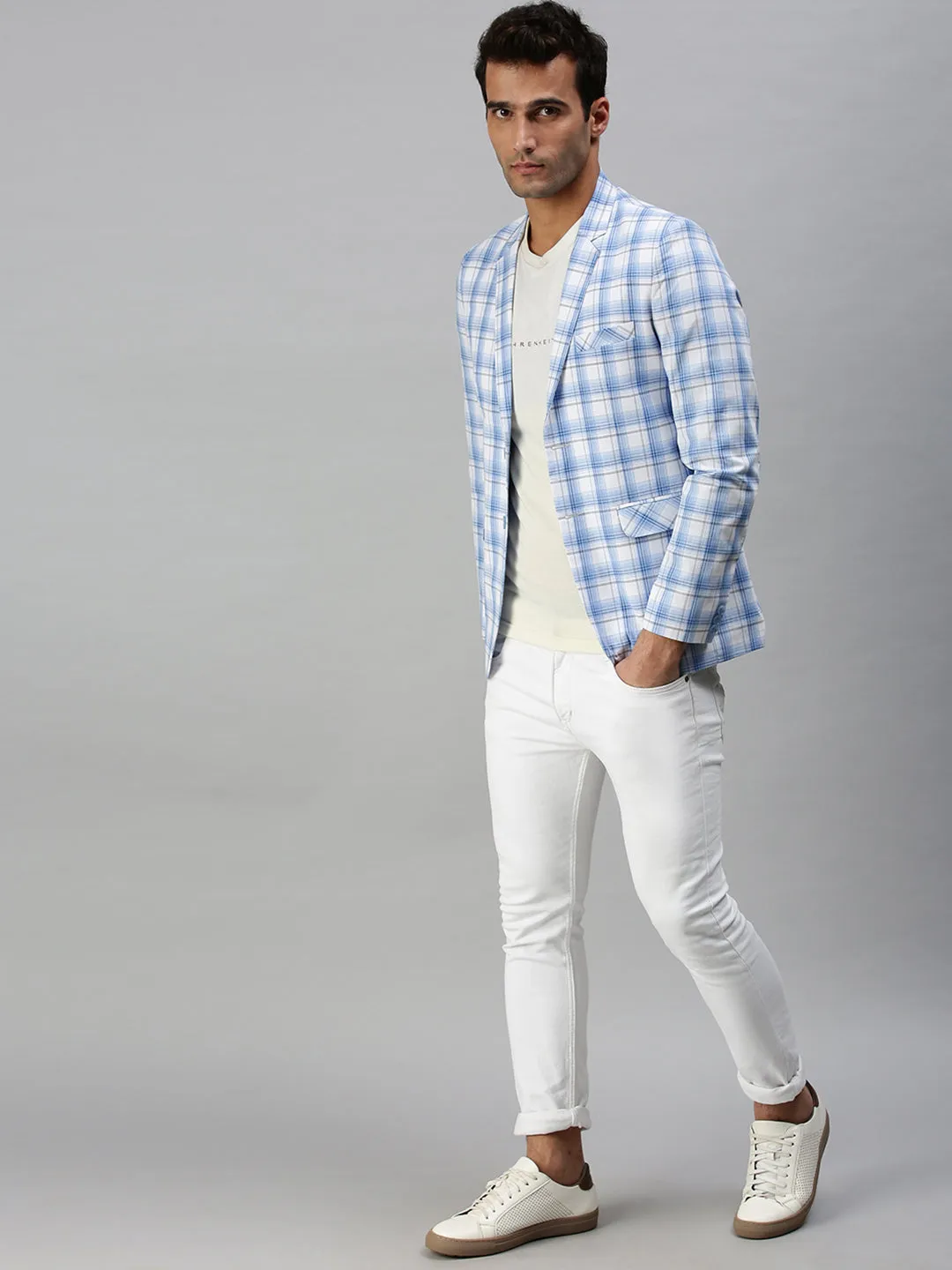 Men White Checked Slim-Fit Single-Breasted Cotton Blend Casual Blazers