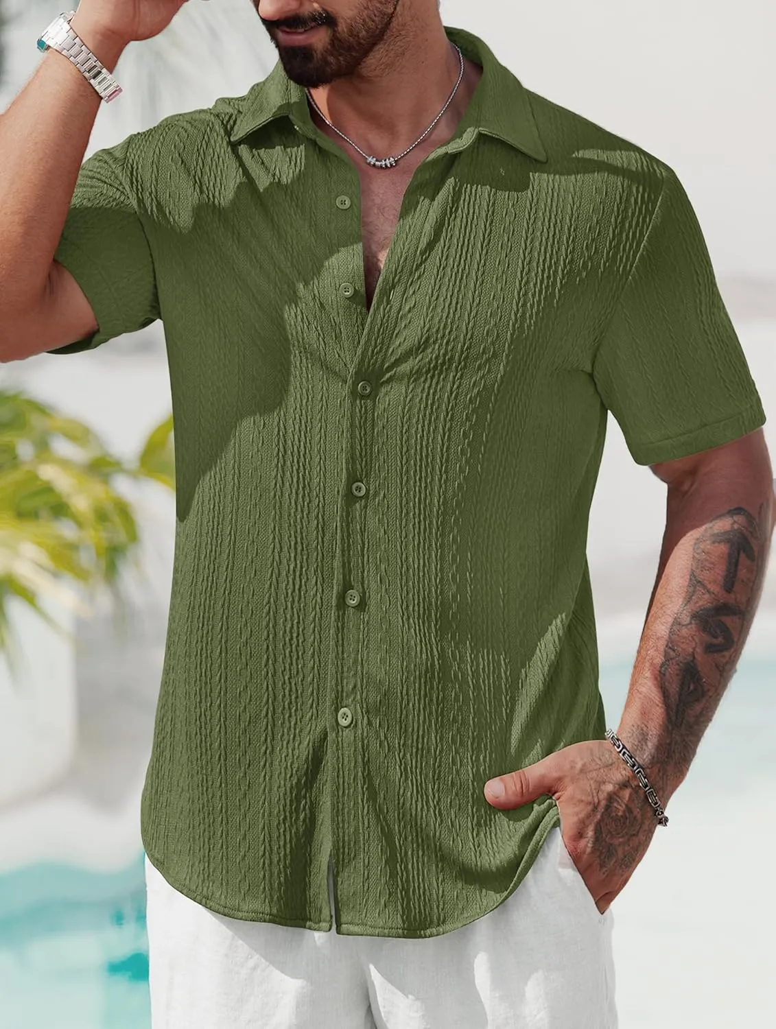 Mens Summer Textured Shirts Short Sleeve Casual Button Down Shirt Beach Vacation Tops (S-XXL)
