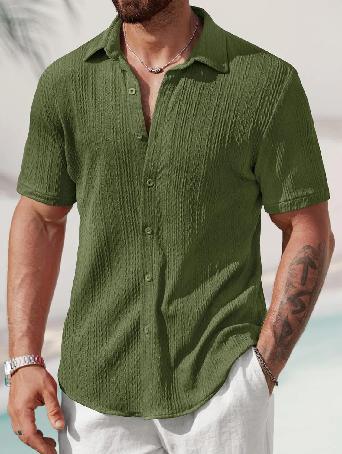 Mens Summer Textured Shirts Short Sleeve Casual Button Down Shirt Beach Vacation Tops (S-XXL)