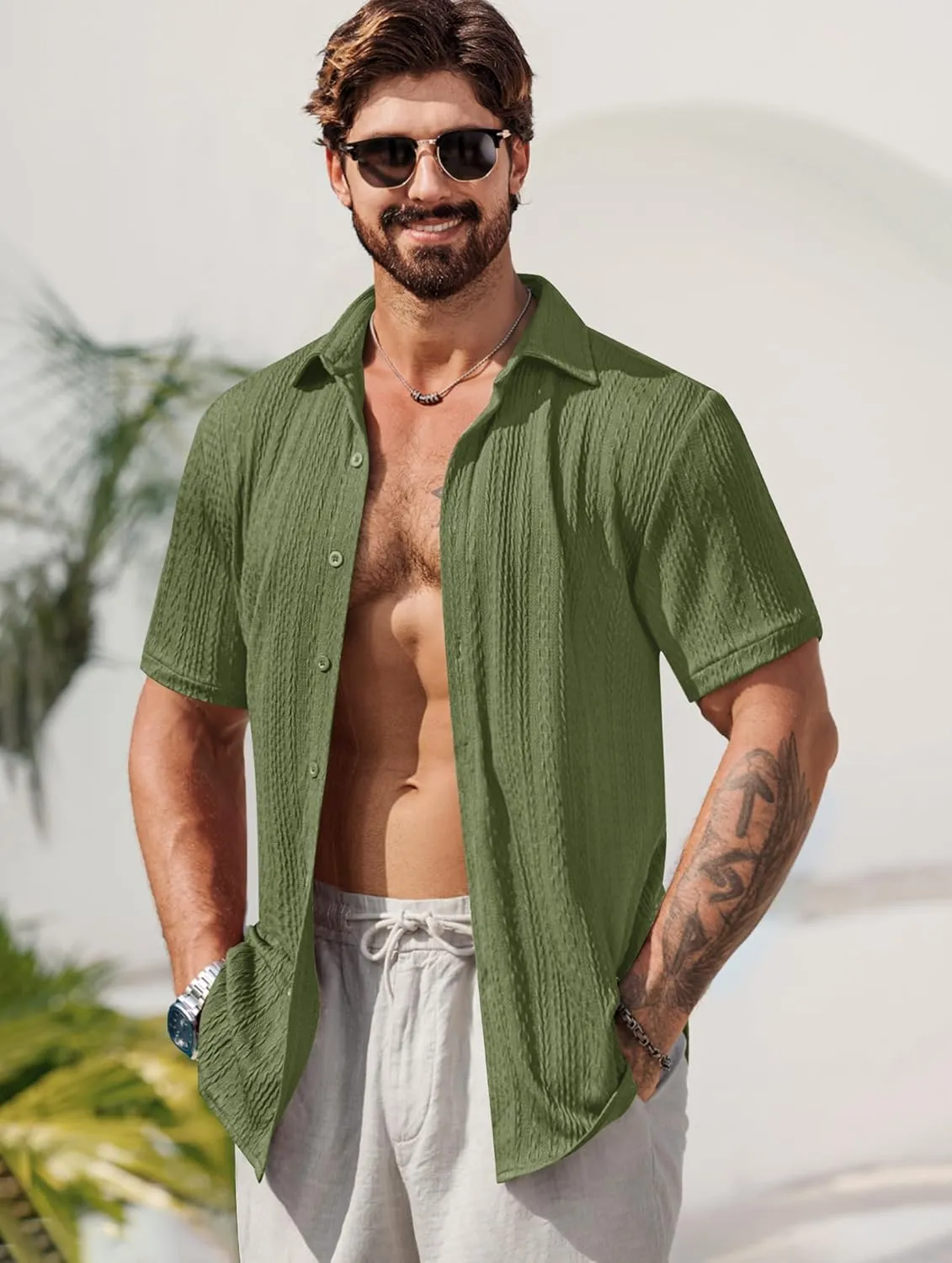 Mens Summer Textured Shirts Short Sleeve Casual Button Down Shirt Beach Vacation Tops (S-XXL)
