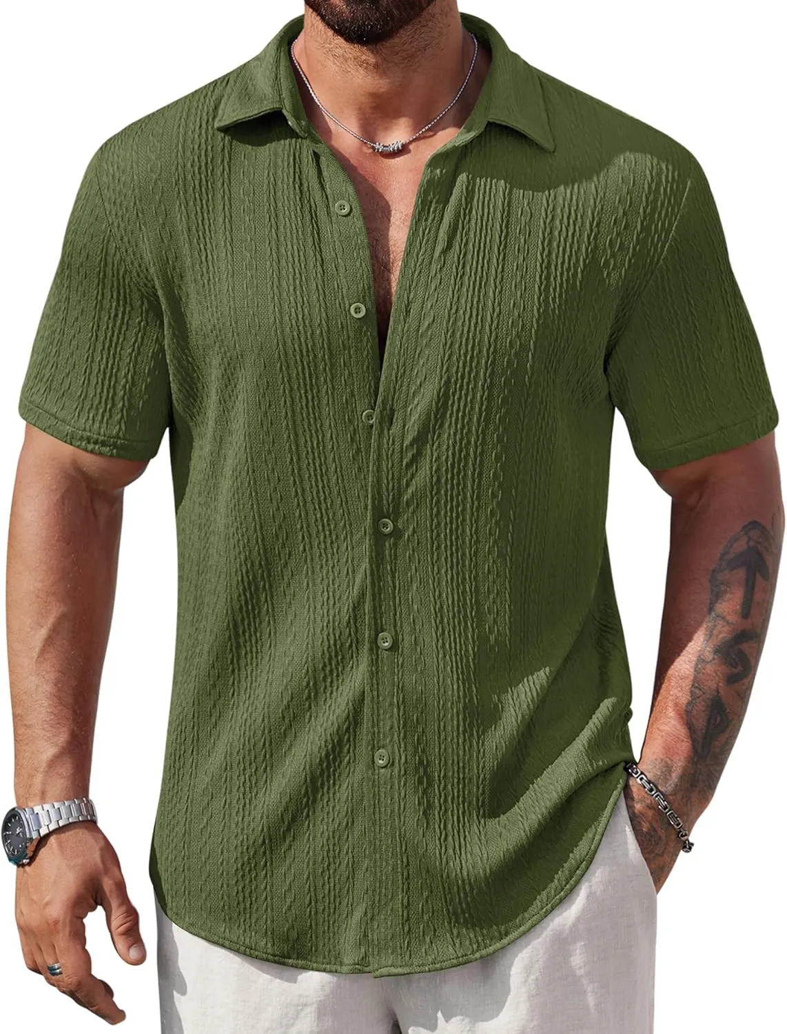 Mens Summer Textured Shirts Short Sleeve Casual Button Down Shirt Beach Vacation Tops (S-XXL)