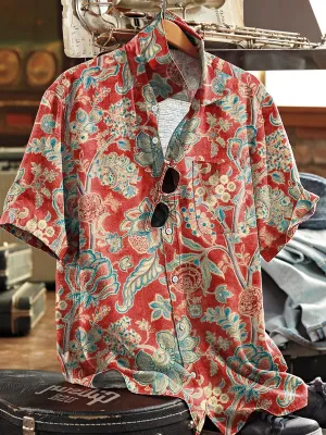Men's Vintage Abstract Floral Lapel Short Sleeve Pocket Shirt