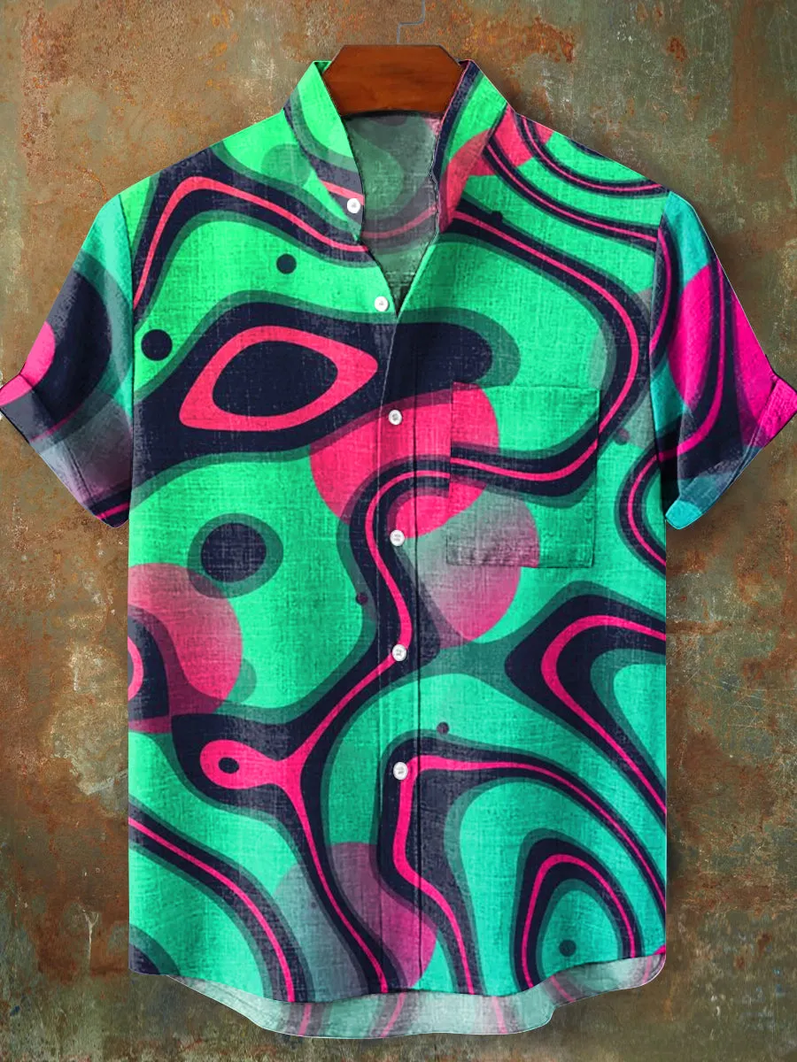 Men's Vintage Abstract Line Geometric Pattern Stand Collar Short Sleeve Pocket Shirt