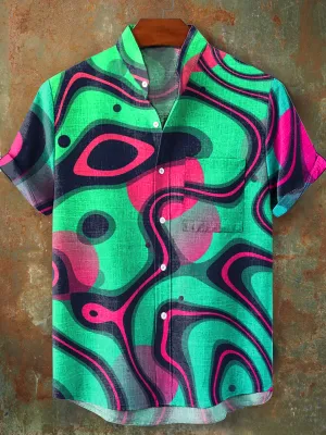 Men's Vintage Abstract Line Geometric Pattern Stand Collar Short Sleeve Pocket Shirt