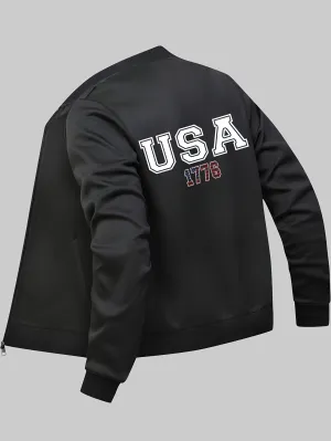 Men's Vintage Letter USA 1776 Print Jacket | Casual Baseball Collar Coat