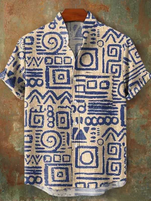 Men's Vintage Line Geometric Art Print Stand Collar Pocket Shirt