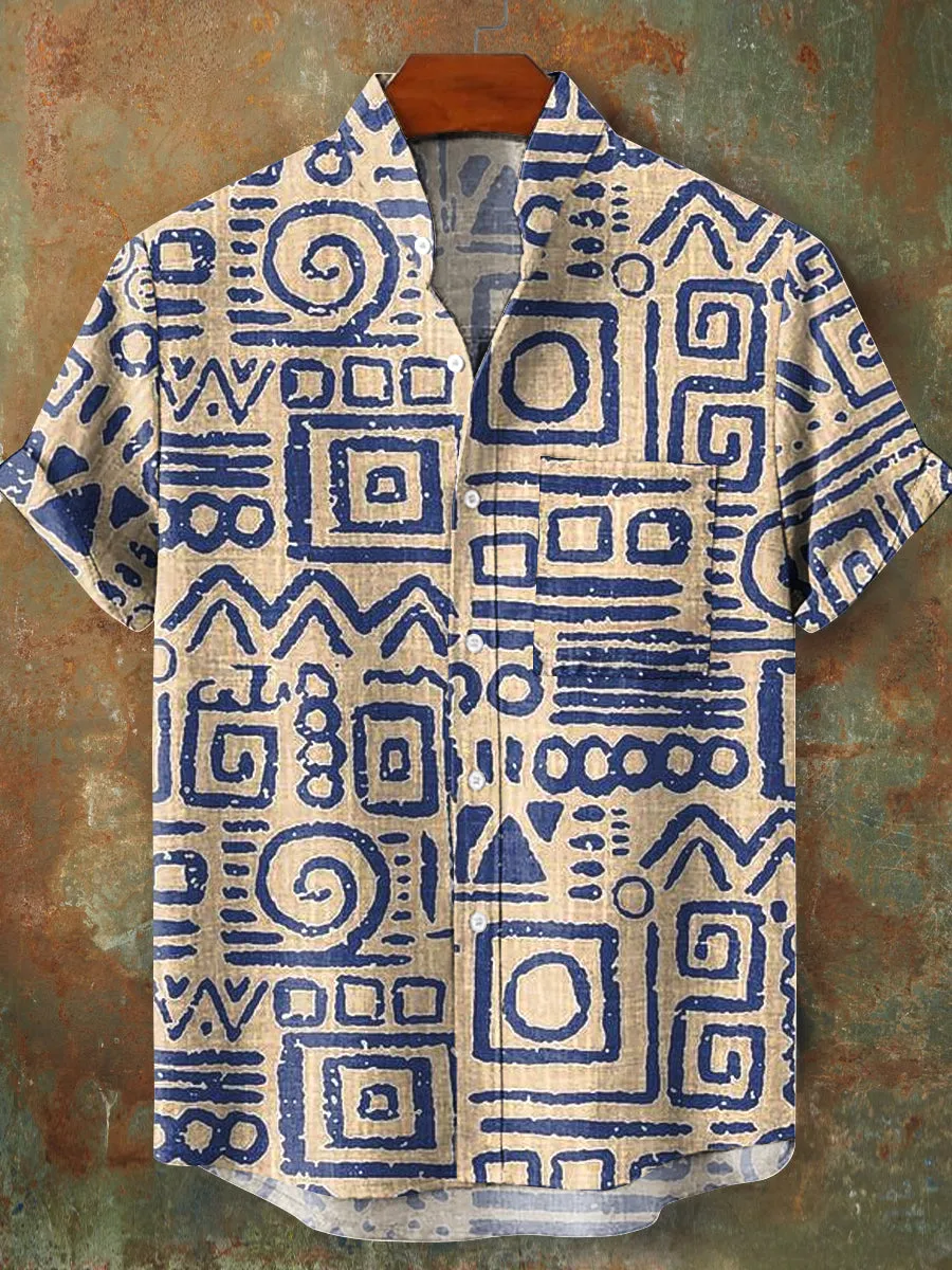 Men's Vintage Line Geometric Art Print Stand Collar Pocket Shirt