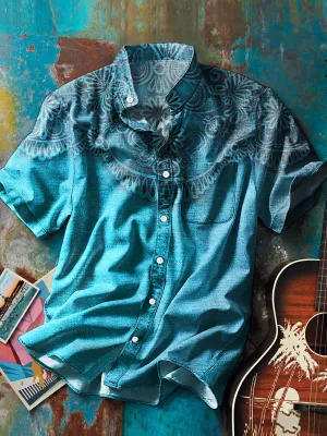 Men's Vintage Symmetrical Floral Art Print Stand Collar Short Sleeve Pocket Shirt